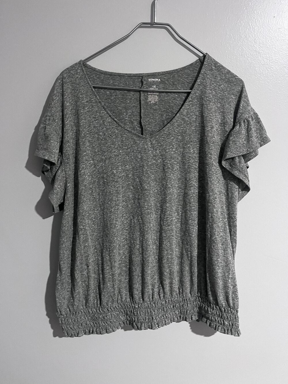 Sonoma Blouse Womens 1X Gray Jersey V-Neck Ruffle Flutter Sleeve Elastic Waist